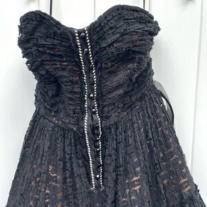 Byron Lars Beauty Mark Black Lace Textured Strapless Dress